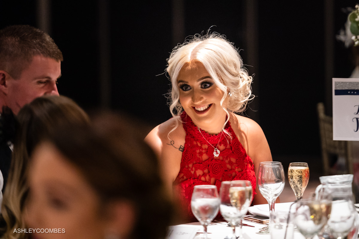 red dress big smile